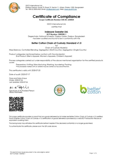 Better Cotton certificate issued to Indesore