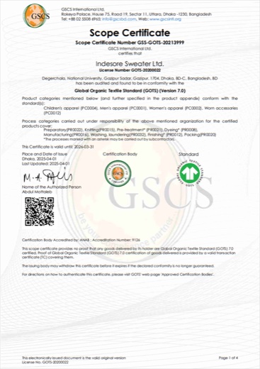 GOTS certificate issued to Indesore