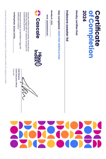 Higg Index certificate issued to Indesore