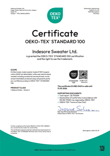 OEKO-TEX certificate issued to Indesore